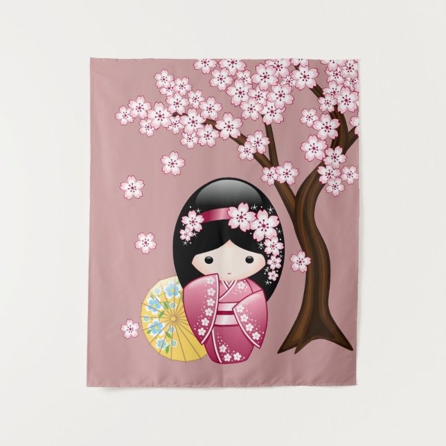 Tenture Murale Poupée Kokeshi Printemps - Cute Japonaise Geisha G (Devant)