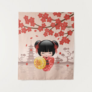 Tenture Murale Poupée Kokeshi Sakura Rouge - Geisha Japonaise Mig
