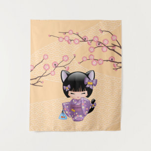 Tenture Murale Poupée Neko Kokeshi - Fille Geisha aux Oreilles de
