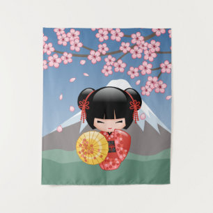 Tenture Murale Poupée Rouge Sakura Kokeshi - Cute Japonaise Geish