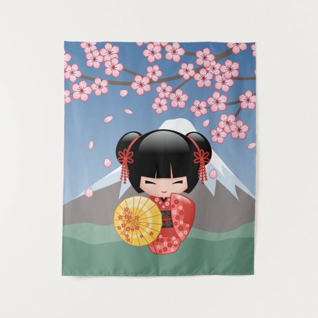 Tenture Murale Poupée Rouge Sakura Kokeshi - Cute Japonaise Geish (Devant)