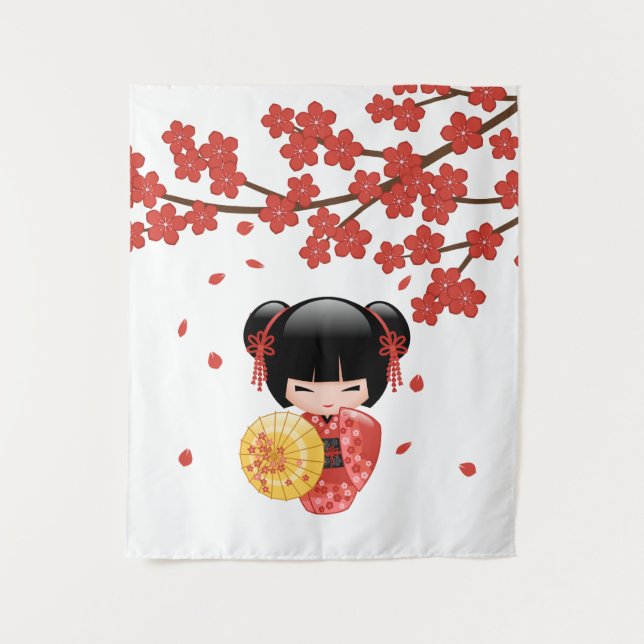 Tenture Murale Poupée Rouge Sakura Kokeshi - Cute Japonaise Geish (Devant)