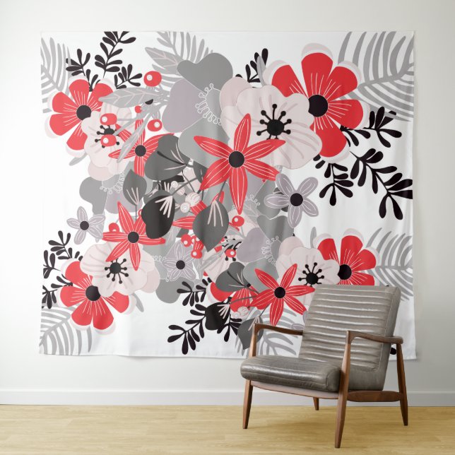 Tenture Murale Rouge brillant Ultimate Grey Boho Floral (En situation (horizontale))