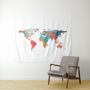 Tenture Murale Silhouette de la carte du monde - Couleurs de tein