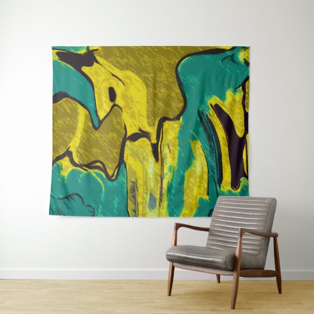 Tenture Murale Turquoise jaune moutarde Abstrait (En situation (horizontale))