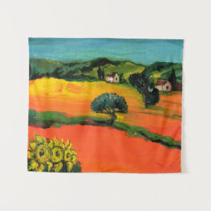 TENTURE MURALE TUSCANY LANDSCAPE WITH SUNFLOWERS IN RED ORANGE