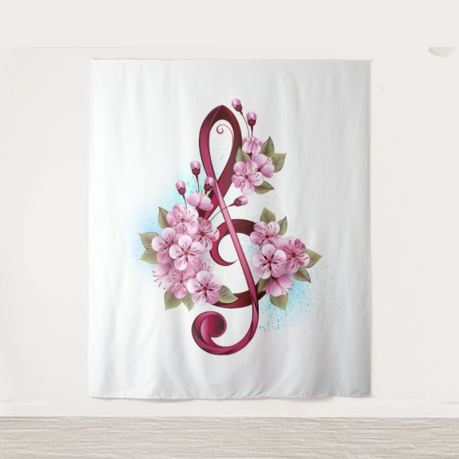 Tenture Musical treble clef notes with sakura flowers
