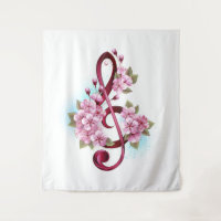 Musical treble clef notes with sakura flowers