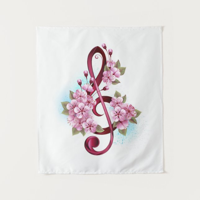 Tenture Musical treble clef notes with sakura flowers (Devant)