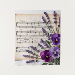 Tenture Musique vintage et composition florale de pensées