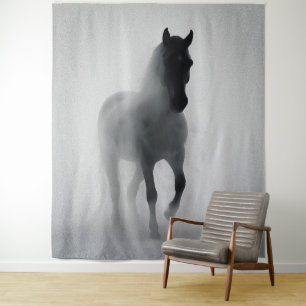 Tenture Mystérieux cheval noir émergeant de la brume