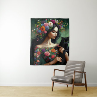 Tenture Mystic Floral Goddess with Black Cat – Fantasy Art