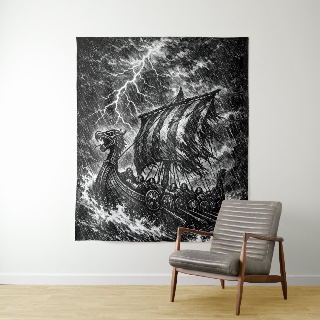Tenture Navire long Viking dans la tempête — Ink Saga Art (En situation)