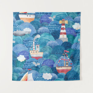Tenture Navires et phare : Aquarelle pour enfants