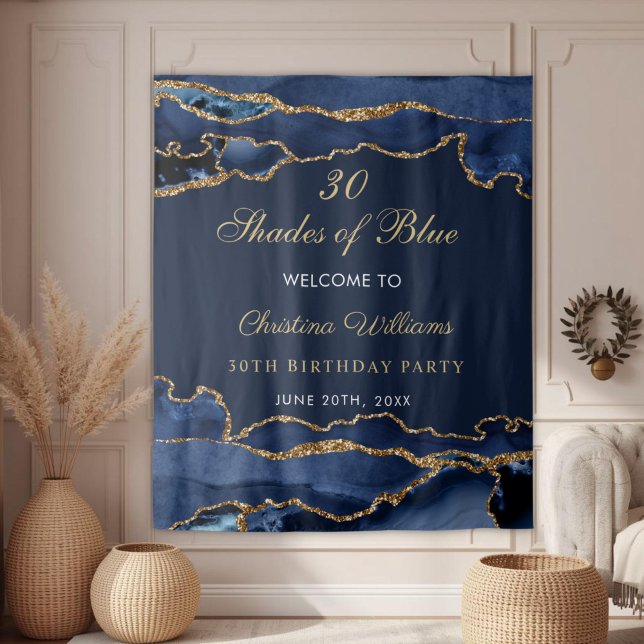 Tenture Navy Blue & Gold Shades of Blue Birthday Backdrop (Elegant Navy Blue & Gold Shades of Blue Birthday party Backdrop)