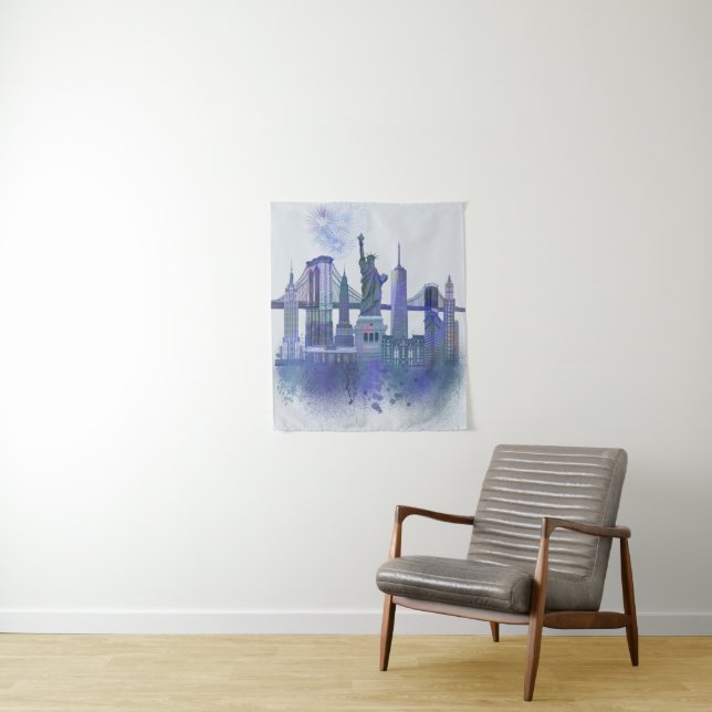 Tenture New York Skyline - Aquarelle bleue (En situation)