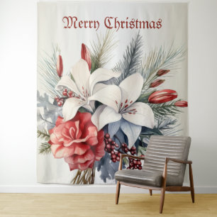 Tenture Noël Fleurs Blanches Rouges Fêtes Élégant