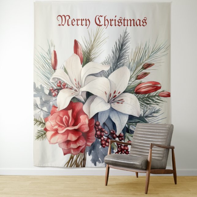 Tenture Noël Fleurs Blanches Rouges Fêtes Élégant (En situation)