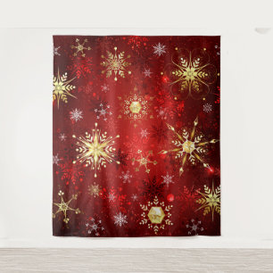 Tenture Noël Golden Snowflakes sur Arrière - plan rouge