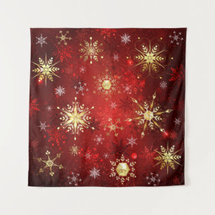 Tenture Noël Golden Snowflakes sur Arrière - plan rouge