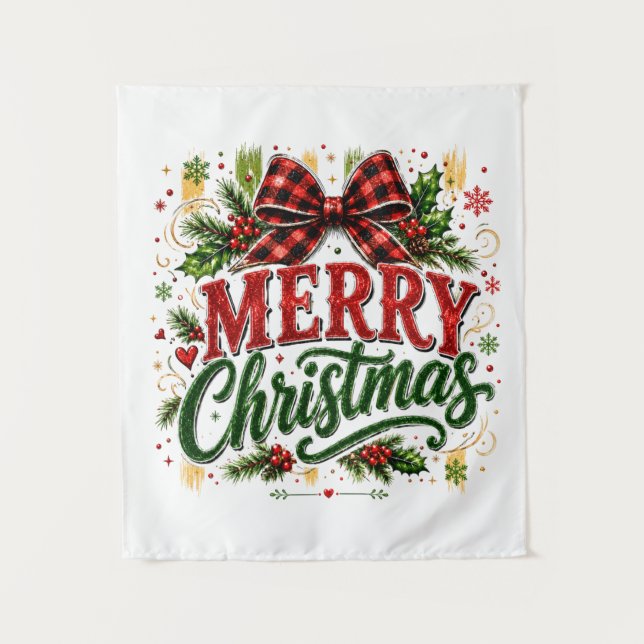 Tenture Noël ruban carreauté joyeux (Devant)