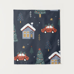 Tenture Noël sans couture motif avec arbre de Noël, voitur