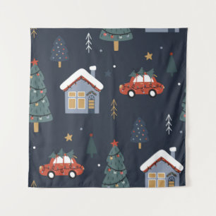 Tenture Noël sans couture motif avec arbre de Noël, voitur