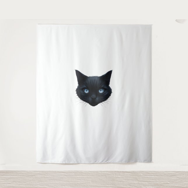 Tenture Noir Chat Visage Bleu Yeux Graphique Tee Chat Homm (Devant)