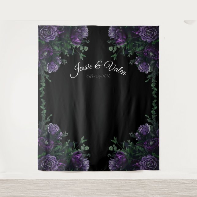 Tenture Noir Fleurs Violettes Élégantes Mariage Gothique (Devant)