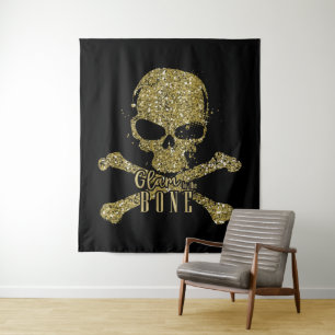 Tenture Noir Glam jusqu'à l'os Crâne Paillettes Dorées