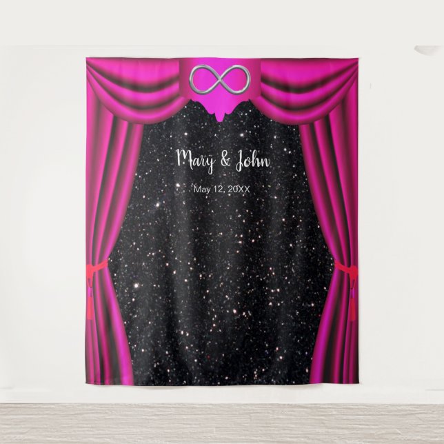 Tenture Noir Pailleté Argent Infini Rideau Rose (Devant)