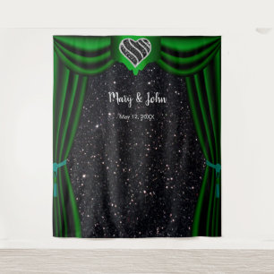 Tenture Noir Paillettes Noir et Blanc Cœur Rideau Vert