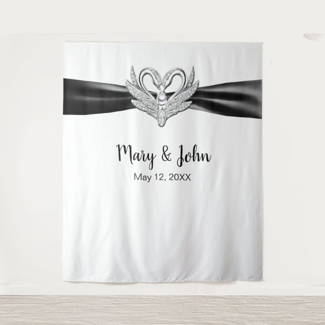 Tenture Noir Ruban Mariage Argent Swans (Devant)