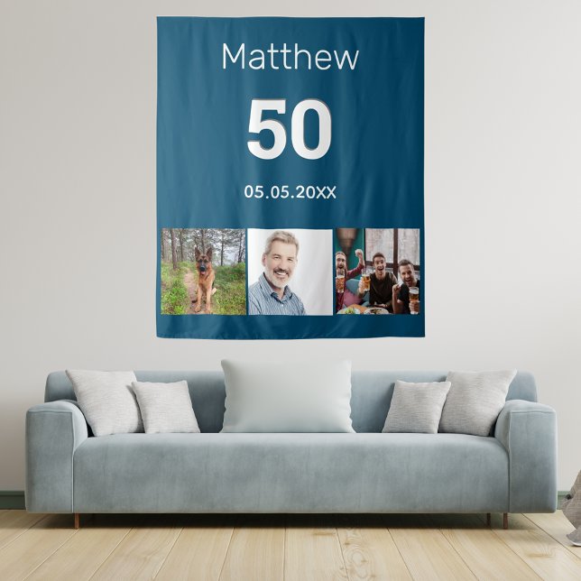 Tenture Nom d'homme de photo bleue de fête d'anniversaire (Créateur téléchargé)