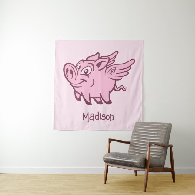 Tenture Nom personnalisé & Cochon volant couleur (En situation)