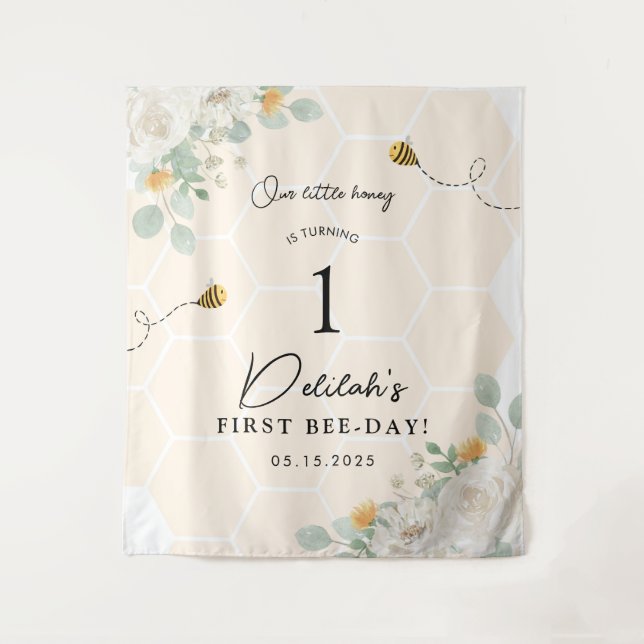 Tenture Notre petite abeille au miel 1er anniversaire Bann (Devant)