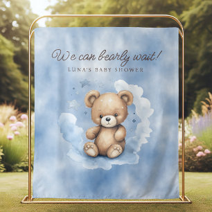 Tenture Nous pouvons attendre avant le Baby shower bleu cl