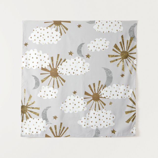 Tenture Nuages, soleil, lune, motif minimaliste. (Devant)