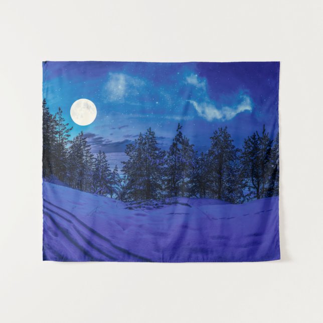 Tenture Nuit étoilée avec pleine lune en forêt (Devant (Horizontal))