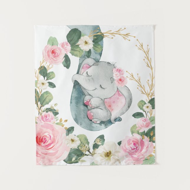 Tenture Nurserie de bébé éléphant floral en or rose (Devant)