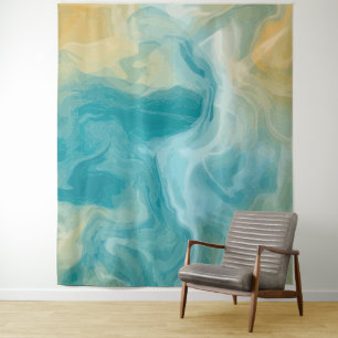 Tenture Ocean Blue Waves et Sandy Brown Fluid Art