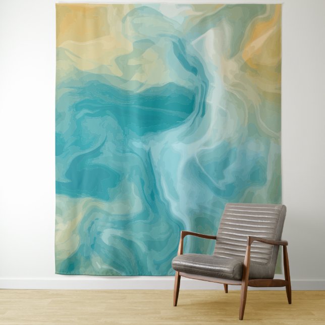 Tenture Ocean Blue Waves et Sandy Brown Fluid Art (En situation)