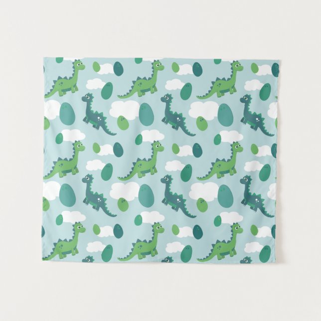 Tenture OEufs de dinosaure bleu vert motif (Devant (Horizontal))