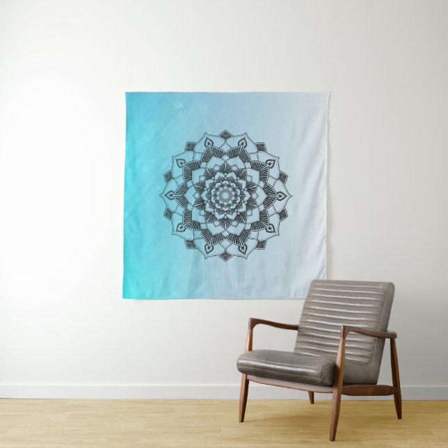 Tenture Œuvre d'art murale mandala bleu aqua (En situation (horizontale))
