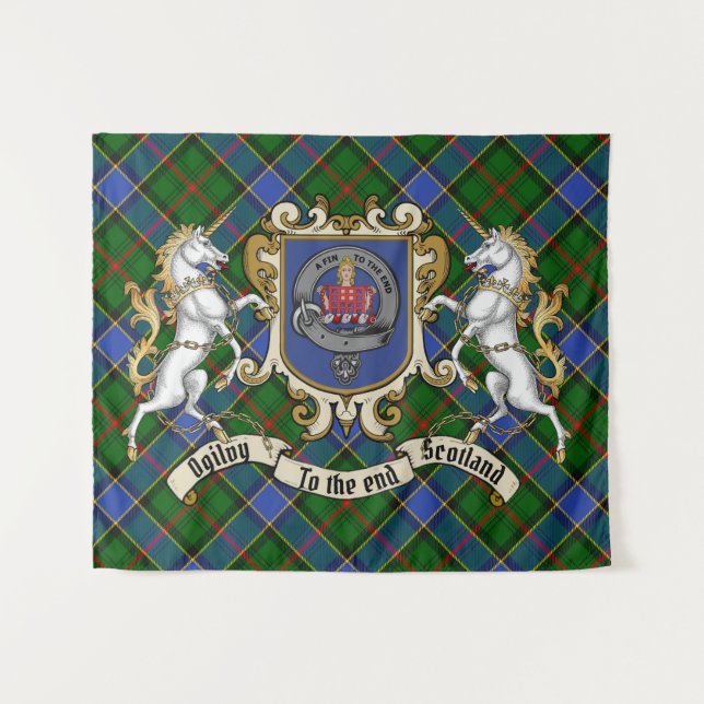Tenture Ogilvy Clan Badge & Unicorns avec Tartan (Devant (Horizontal))