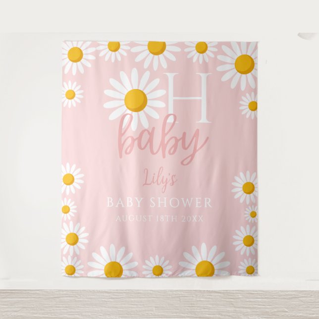 Tenture Oh Baby Pink Daisy Baby shower photo fond (Devant)