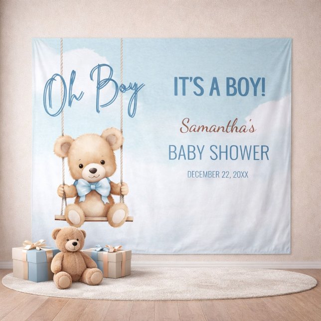 Tenture Oh Boy Baby Shower Bear Backdrop (Close-up of teddy bear baby shower backdrop showing name and event details)
