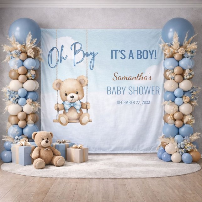Tenture Oh Boy It's A Boy Bear Baby Shower Backdrop (Soft blue baby shower backdrop styled with balloon columns and neutral pampas decor)