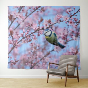 Tenture Oiseau bleu Tit en fleurs de cerisier japonais ros