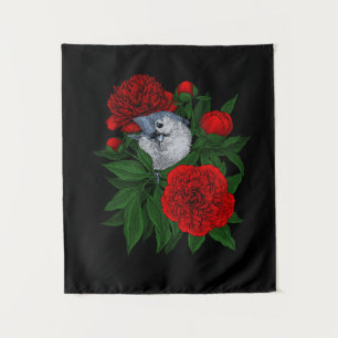 Tenture Oiseau sur un bouquet de pivoine rouge